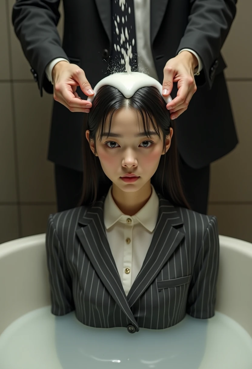(masterpiece、top-quality、hight resolution、high detal、original:1.2)、10years old girl、thin、thin、random hairstyle、random facial expression、dark gray collar、blanche(shortsleeves)Pose of、street、Dark gray bow tie on hair、a smile、without makeup、(realisticlying:1.4)、Men's toilet in Japan、((facial cum shot:1.3))、((Group Bukkake:1.3))、virgin、((gang-rape:1.3))、A dark-haired、((Clothes torn:1.3))