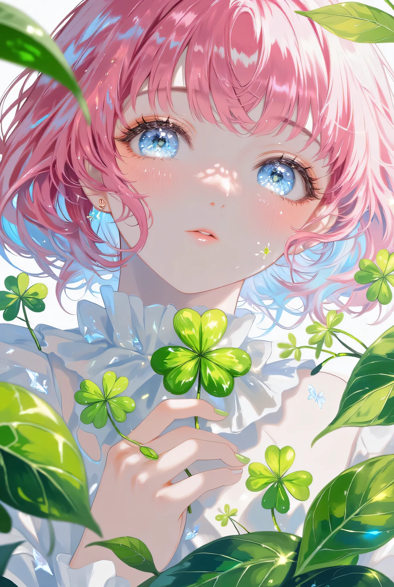 (EyesHD:1.2), masterpiece, best quality, ultra-detailed, very sharp focus, best lighting, detailed illustration, detailed background, cinematic, beautiful face,beautiful eyes,
1girl,(((pink short hair))),(((blue eyes))),
((hold a three-leaf clover)),around flower,colorful?
from below,