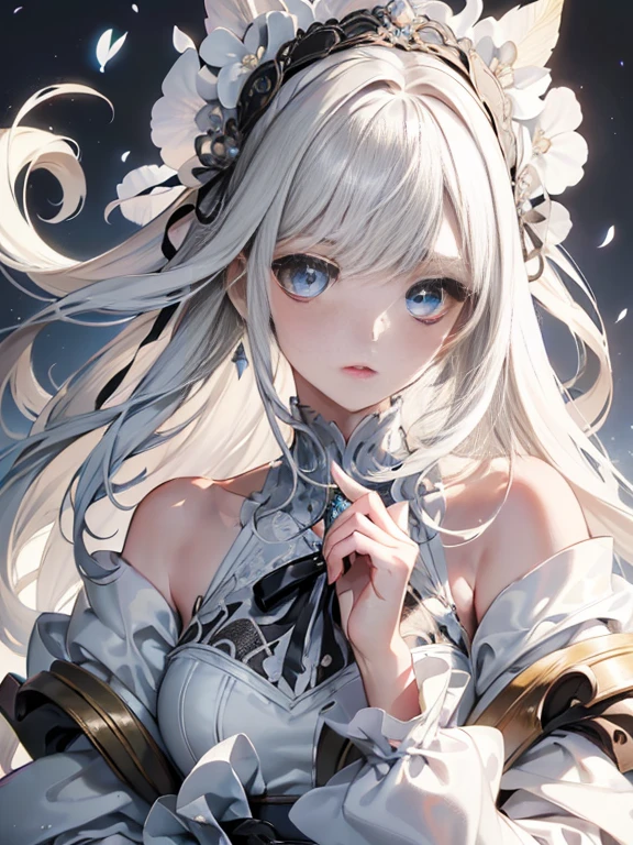 (Masterpiece, Highest quality, best quality, official art, beautiful and beautiful:1.2), (1 girl), very detailed,(fractal art:1.3),colorful,Ultimate details: Silver hair, blue eyes paired with a blonde-haired, blue-eyed man.
