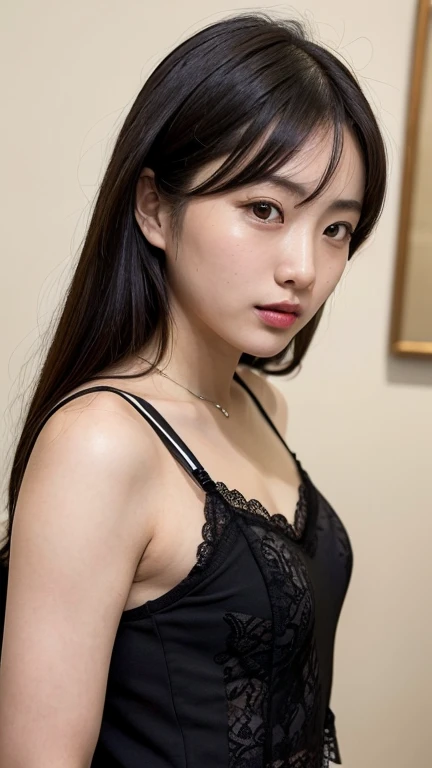 Night, ((1girl, one girl wearing big cleavage top, no bra, no_bra, braless, openlegs, arrousing, temptating pose on the bed, camel toe, cameltoe)),( rich detail, crisp detail, sharp image, 8k RAW photo, highest quality, High resolution:1.1), (hyperrealistic:1.4),(realistic, photorealistic:1.3), soft light,realistic face,realistic body,realistic skin,disorganized,masterpiece,(cute:1.8), 165cm height, 16 years old, (((baby face, round face))), ((Beautiful big breast)), ((medium length, smooth straight hair, (dark hair)), hair),fine black eyes,innocent eyes,droopy eyes,Watery eye,open lips,blush,good style,colorful lights,film Grain,,look viewer,((full Body photograph)), teenager,professional lighting,portrait,photon mapping,radio city,Physically based rendering,shot from below, selfie sexy, corpo perfetto , nuda, porno, provocante, foto selfie 