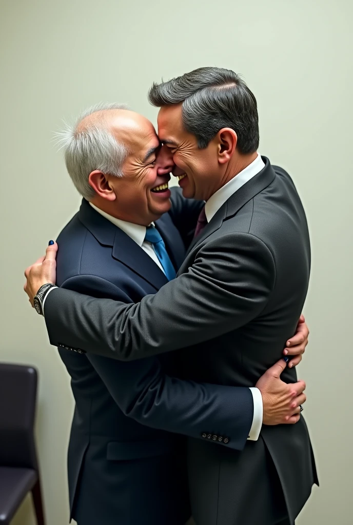 Create a high-quality image of two politicians hugging and laughing together. They should have evil facial expressions, as if they have just done something bad to someone. Make sure their laughter appears visibly malicious, with sinister smiles and narrowed eyes. The image should convey a sense of conspiracy and malevolent victory. The background can be a formal setting, such as an office or a meeting room.