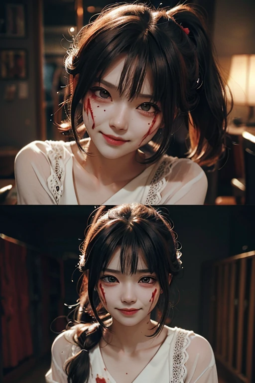 Create a realistic image of the Slit-Mouthed Woman (Kuchisake-onna). She has long black hair and is wearing a white mask, underneath which her terrifying slit mouth is hidden. The background should depict a dimly lit street corner or alley, creating a creepy atmosphere. She is wearing a red coat and holding a large pair of scissors. The overall image should convey a sense of horror.
