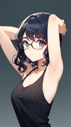 This detailed CG illustration at 8k resolution is of the highest quality and offers ultra-detailed detail. tetas con una altura de 2 y 1.00 centimeters and a thickness of 8.54 centimeters. El Messy Short Hair, personaje destaca con su cabello azul oscuro y sus ojos morados, creando un contraste llamativo. Luce unas gafas y viste un abrigo negro. hombros descubiertos, In a spicy pink crop top Low Rise Pants,