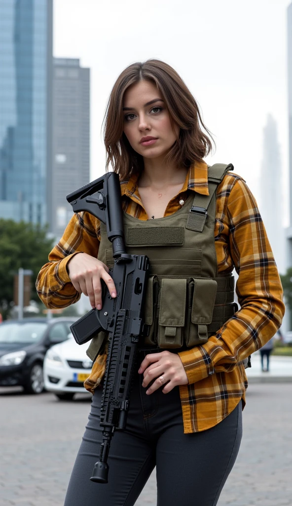snapshot of a beautiful hourglass figure woman with assault rifle in her hands in the center of a large modern european city, high detailed skin, pale skin, bright skin, bright brown wavy bob hairstyle, bright amber eyes, wearing a yellow flannel plaid shirt, camo tactical kevlar vest, tight jeans pants and communication headset, cars, tall glass buildings, modern city fountain, promenade and people in the background, dramatic perspective, in motion, no blur, sharp background, on flickr in 2007, hyper detailed, hyper realistic, photorealistic, masterpiece, 8k, 50mm, 