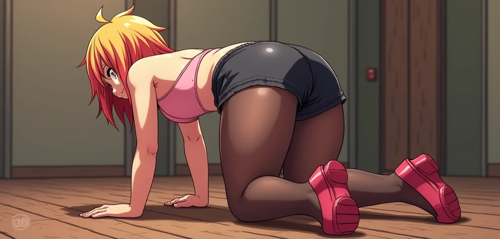 1girl, sexy horny 11yearold blonde slut is wearing slutty shorts and a crop_top and is picking up a penny off the ground while you secretly take photos of her from behind with your phone. huge ass, flat breasts, looking at viewer, thong, 