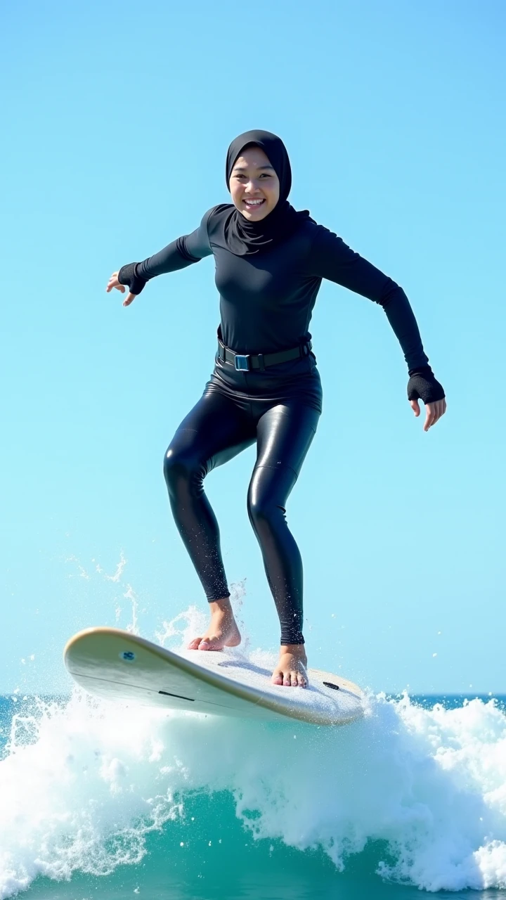 Realistic surfing action, Full body shot,masterpiece,hight resolution,ultra-detailliert,ultra-quality, 8K Portrait Photo,Realistic,glossy wet skin, surfing skill, bend knee, mira filzah face, Solo malay Girl, wear hijab, (mira filzah: 1.6) ,Wetty ,Wet hijab, perform surfing, surf, (Surfing, Tube Waves:1.3,),(Stand on a colorful surfboard:1.3,),Perfect body, small breast, small waists, wide hips, thick thighs,Wearing a pink mini bikini, The performance of the winner in the international surfing competition、surfing, Looking at Viewer, Sunlight, Beautiful hands, Beautiful Finger、