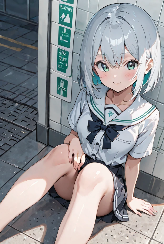 ((masterpiece, best quality)),a girl, solo, skirt, sky, sitting, pantyhose, serafuku, cloud,outdoors, neckerchief ,day, bangs, fence, shirt, ahoge, rooftop, long hair, white pantyhose,white hair, white , white sailor collar,red eyes, sailor collar, white skirt, red neckerchief, white serafuku, animal ears, blue sky,white shirt, looking at viewer, closed mouth,cat ears, chain-link fence, white skirt, cloudy sky, trash can, pleated,no shoes,Exposing underwear
