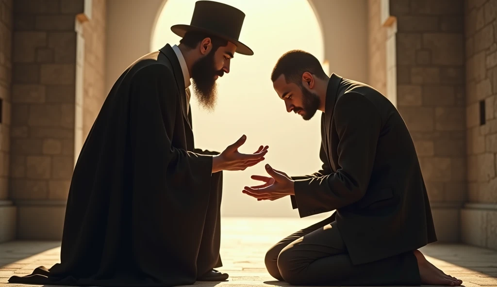 Two Muslim men are standing together one of them is very angry and the other is crying