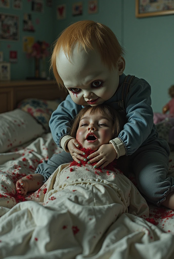 Baby playing next to dead woman's body,flashlight light, sharp teeth, terror,horror,dark tones,morbid aspects, dark atmosphere, blood, 90's