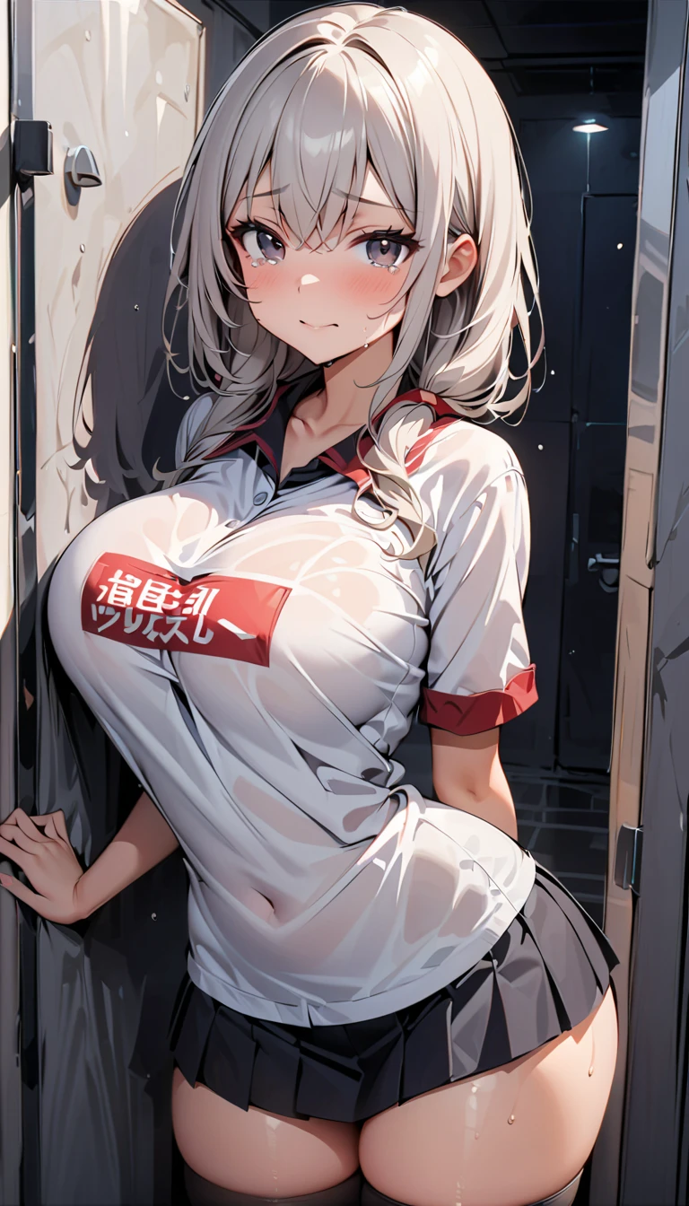 masterpiece,best quality,highly detailed,white hair,long hair,red eyes,breast suppress,<lora:Concept_BreastSuppress:1>,glasses,ponytail,pov,full-face blush,closed mouth,shy,(((red buruma:1.4))),gym shirt,midriff,gym storeroom,<lora:å ´æ¯ é«è²ååº«:1>,