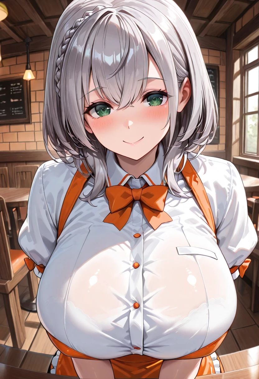 One Woman、beautiful girl、Maid、20-year-old、Bobcut、Western-style building、Maidの制服、Maidカチューシャ、Short skirt、Black Pantyhose、Highest quality, smile,Big Breasts、Very big boobs、Put your on the table、 sinking into the table、Put your boobs on the table、Bust up angle、Place breasts on table、Put your on the table、Place your chest on the table、Poses that emphasize the breasts
