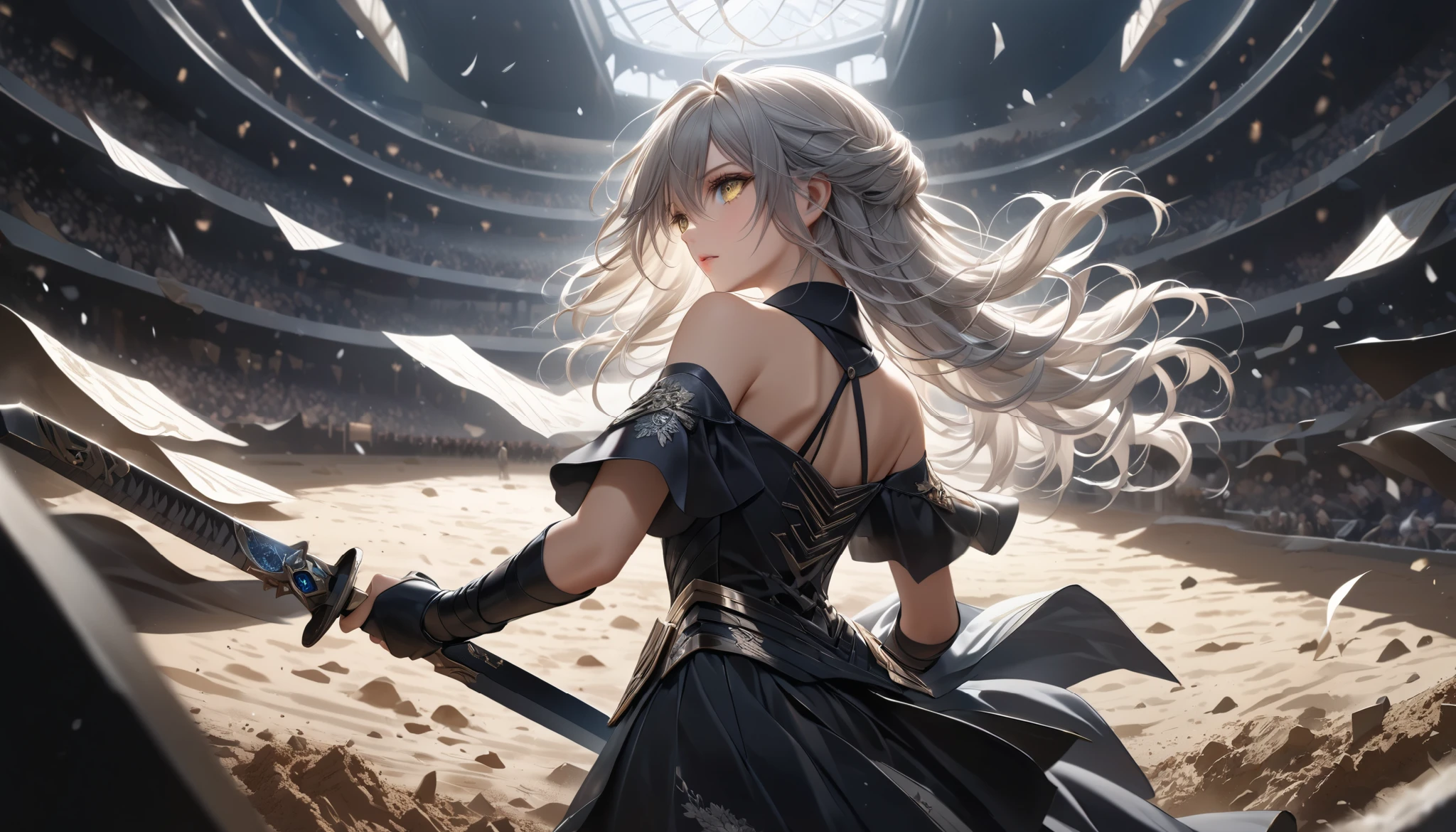(masterpiece:1.2, Best Quality), (finely detailed beautiful eye: 1.2), (beautiful detailed face), solo, full body,from behind, looking up, yellow eyes, shout, holding sword unsheathing, motion blur, upper body, long hair, gray hair, light gray skin, close up, messy hair, collared black dress, bare shoulders, armor, stoic, arena, obsidian walls, black flags atop parapet, snow flurries, dirt and muddy ground, audience above, metal gate being raised, dense clouds,