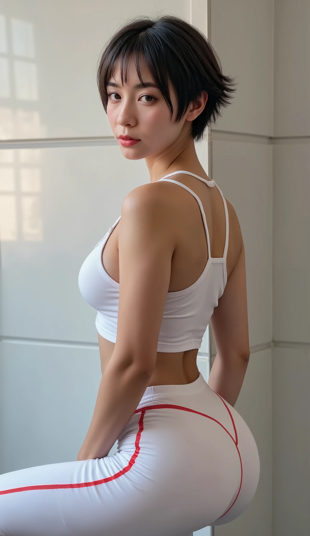Full frame of the model, With your back leaning against the wall, Perfect Chinese, athletic body e esbelto, short hair with a modern cut, extremely detailed, soft ambient lighting, Long-winged eyeliner, perfect eyes, a perfect face, ((fitness, muscular, athletic body, toned body)), ((white leggings with red lines, Lycra pants , women's white tank top with red lines, academia,  sneakers, academianastics,  presumptuous, looking back))