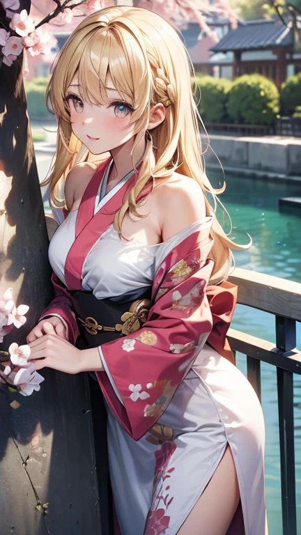 (Masterpiece, Top quality: 1.5), from side , (holding a big folded fan:1.3),  dynamic pose, 1 beautiful girl, solo, blond hair,  (kimono :1.3), off shoulder, medium hair, wave hair, (junior high school student:1.2), cleavage, medium breasts, standard weight, (blush:1.2), smile, Beautiful scene of cherry blossom trees, magnificent panorama view, SakuraFubuki