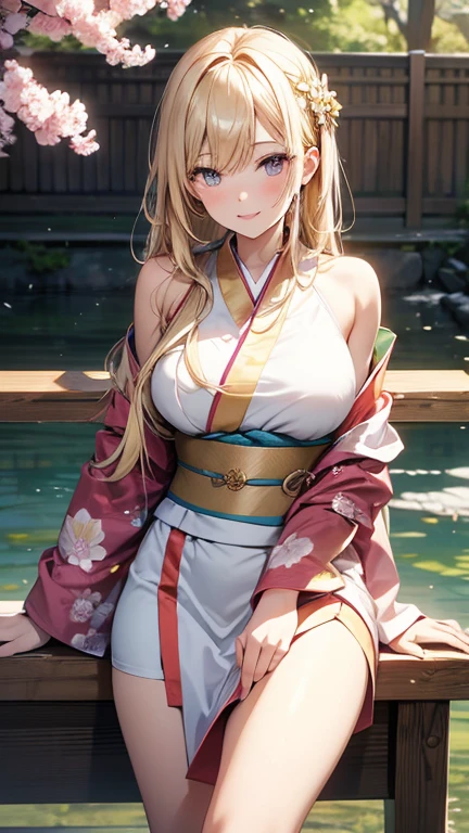 (((ultra high definition))), (((Alice.Ziberuku))), (Sword Art Online), masterpiece, best quality, detailed, (1 girl), alone, (超detailed藍眼睛, long blonde hair, permanent: 1.2), Be close to the audience, (Detailed kimono), Happy smile, (Plump breasts, attractive body :1.2), (Put your arms behind your back), water, Sunset, (hair accessories), (cherry blossoms in bloom), Snowy mountains and lake in the background,