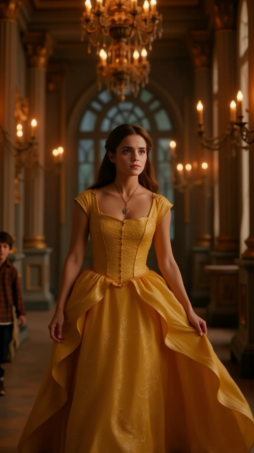 cinematic film still belle (emma watson) intricate telegenic yellow dress pretending at hogwarts great hall by night <lora:emmaWatson:1> . shallow depth of field, vignette, highly detailed, high budget Hollywood movie by spike lee, bokeh, cinemascope, moody, epic, gorgeous, film grain, grainy
