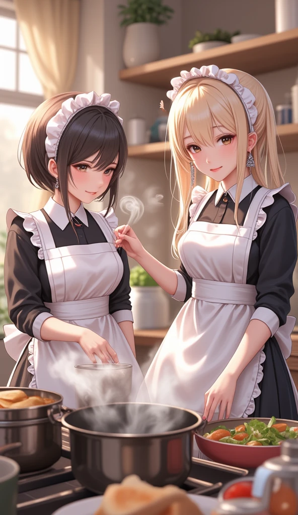 highest quality、masterpiece、((2 girls))、((smile:1.3))、(blush:1.3)、Black Shirt、blouse、((fun!!))、(Small breasts)、()、Blonde、()、((White apron:1.5))、((Maid))、((hair ornaments)),、Kamimei、look at me、 ((in house:1.5))、 Taking a break from watching the audience、Cowboy Shot、(Skirt lift:1.3),(Highly detailed white panties:1.3)、(Highly detailed panties:1.3)、、(スカート that rolls up:1.3)、(Panties fully exposed:1.5)、Light blue eyes、long hair、