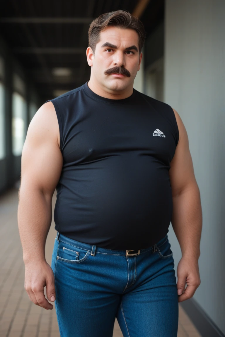 A middle-aged man sings on stage with headphones on，Asian people，Strong body，bellyfat，40-year-old middle-aged man，uncle, China，male people，he is about 40 years old，Rough and handsome looks，musculature，Oversized muscles，Oversized pectoral muscles，Big waist round，detailedbackground，underwear，Black socks, vred, scowling, Best quality, Masterpiece，（Tattooed with：1.5），（musculous：1.5），（Obese：1.5），（Gray hair：1.5 ），（Gray body hair：1.5），（Skin Wrinkles：1.5），（gloss on the skin：0.5）