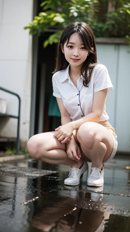 (Live-action realistic style),(Squatting while showing panties),8k、RAW Photos、High resolution.(Full body photo from face to ankles)、(Perfect Anatomy)、Turning pose、1 female 14 years old、Detailed skin、Glowing Skin、Baby Face、Beautiful Eyes、Small face、smile、Black Hair、School corridor、Beautiful ass