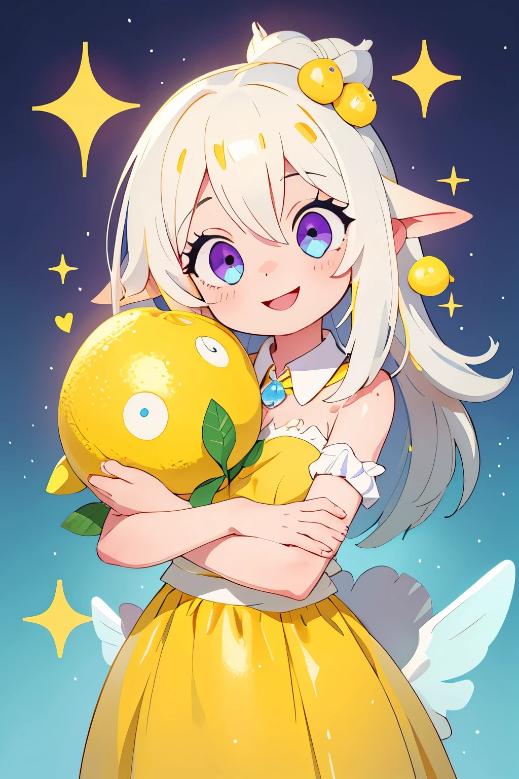 (main part, Best quality at best:1.2), Sparkling and sparking highlights in their eyes, curious expressions,1 girl, Yellow hair color, blue inner color design on collar. Angel rings. Angel. Sparkling eyes. big white hair, a purple eye, An innocent and happy smile. sparking and Sparkling highlights in their eyes, curious expressions, lemon fairy, hugging a large stuffed lemon on each arm, dancing, fun