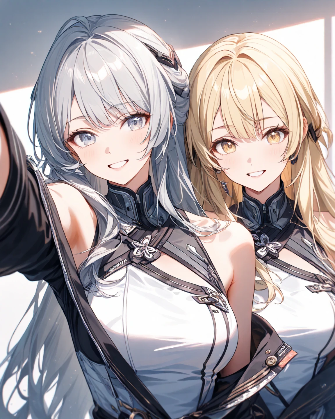 Masterpiece, 4girls, each dressed as a maid. The maids are wearing identical uniforms, beauty and cute, high detailed, dinamic lighting, vivid colours, big breasts, massive cleavage exposed, A giant spacecraft navigating interstellar space, Sophisticated design, huge geometric figures stacked in layers,standing, white skin, blue eyeballs, blonde hair, happys, various hair styles, harem, perfect eye, perfect face, Symmetrical eyes, well-aligned, with a natural and proportionate gaze, Observing their master with a servile gaze, elfs, In the background are spaceships