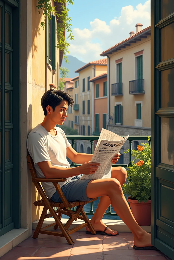 ilustracion+fotografia+norman_rockwell l, generate the image of a young Latino, cinnamon skin, black hair, brown eyes, Roman nose, thin lips, thin face, strong body slender muscular very toned, tall, 19 years old, wears orange shorts and flip flop sandals, shirtless, draws the plans of a building is an architectural studio, Atmosphere of optimism and zest for life, vibrant intense pastel color palette, combining lights and shadows for realism