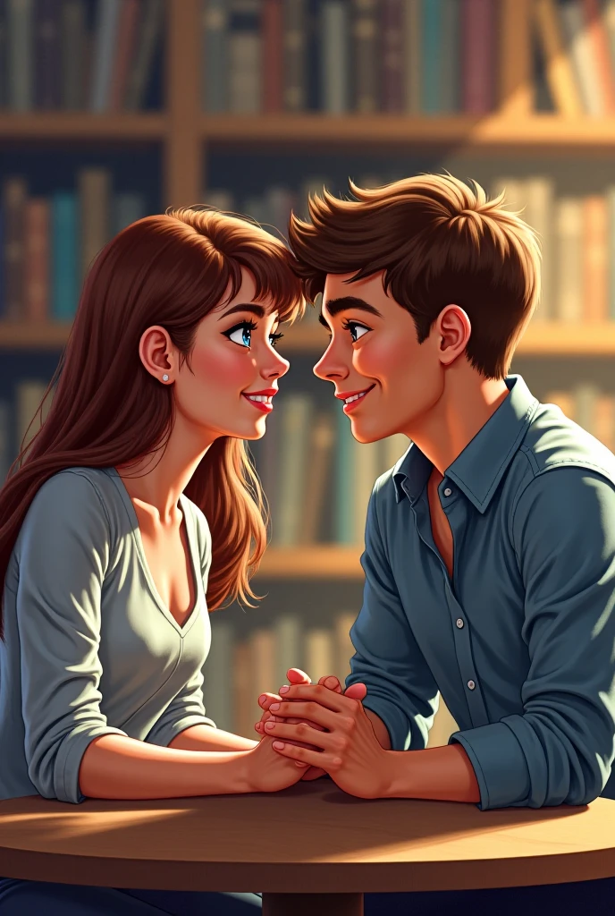 Create a boy and girl looking at eachother with smile. Seating in college library. Girl wears purple tshirt. Boy wears white tshirt. Create realistic.
