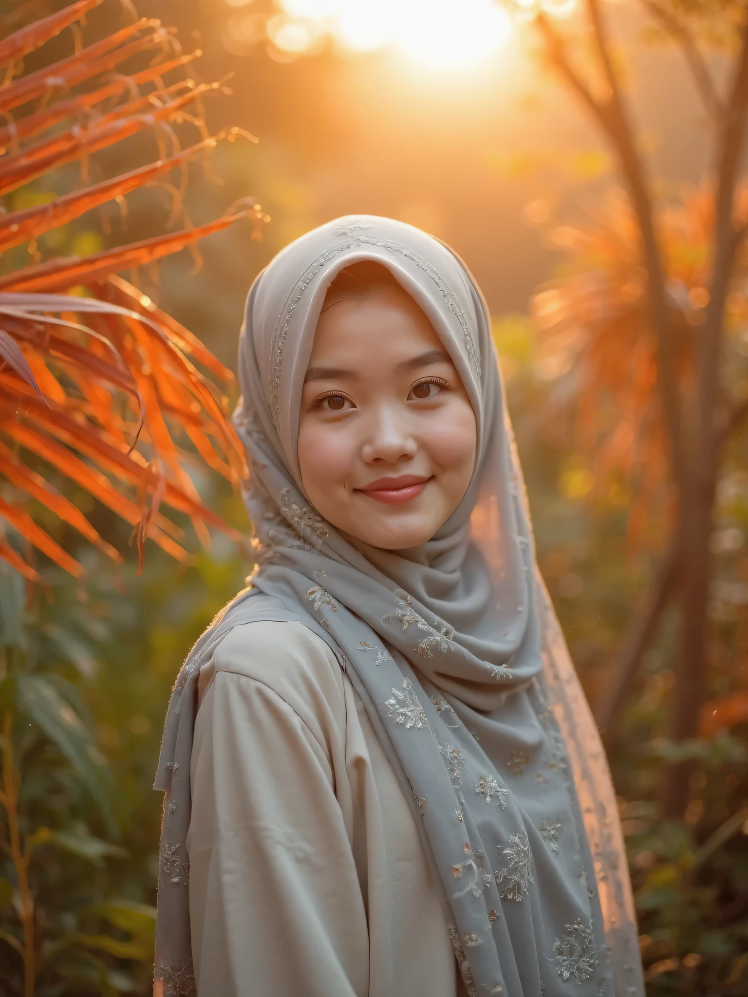 Beautiful Korean Girl,fair skin,well-groomed face,simple clothes, wearing dark purple hijab, on the mango tree,picking mangoes,around the mango tree there are lots of red ants roaming around,background of a row of simple houses. looks authentic, real, and realistically photographed 