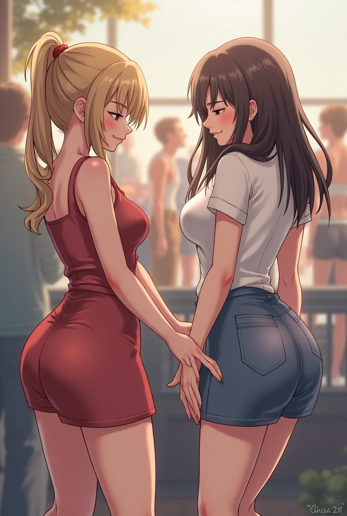 Masterpiece, Best Quality ,, 2 girls, Lily, (Kisses:1.8), (French Kiss), Blushing, Eyes closed, (tongue), (Saliva), (groping), Hands on breasts, Tongue sucking, Sweat, Business suit, Tight skirt, Pantyhose, disheveled clothing, Sheer panties, Blouse that sticks to body with sweat, Sheer underwear, Sexy lingerie, Half-taken off panties, No bra, Outdoor, Adultery, Nasty look, ecstasy, back alley, out-of-town, illuminated by street lamps, disheveled hair, leaking pee, damp feet, damp clothes