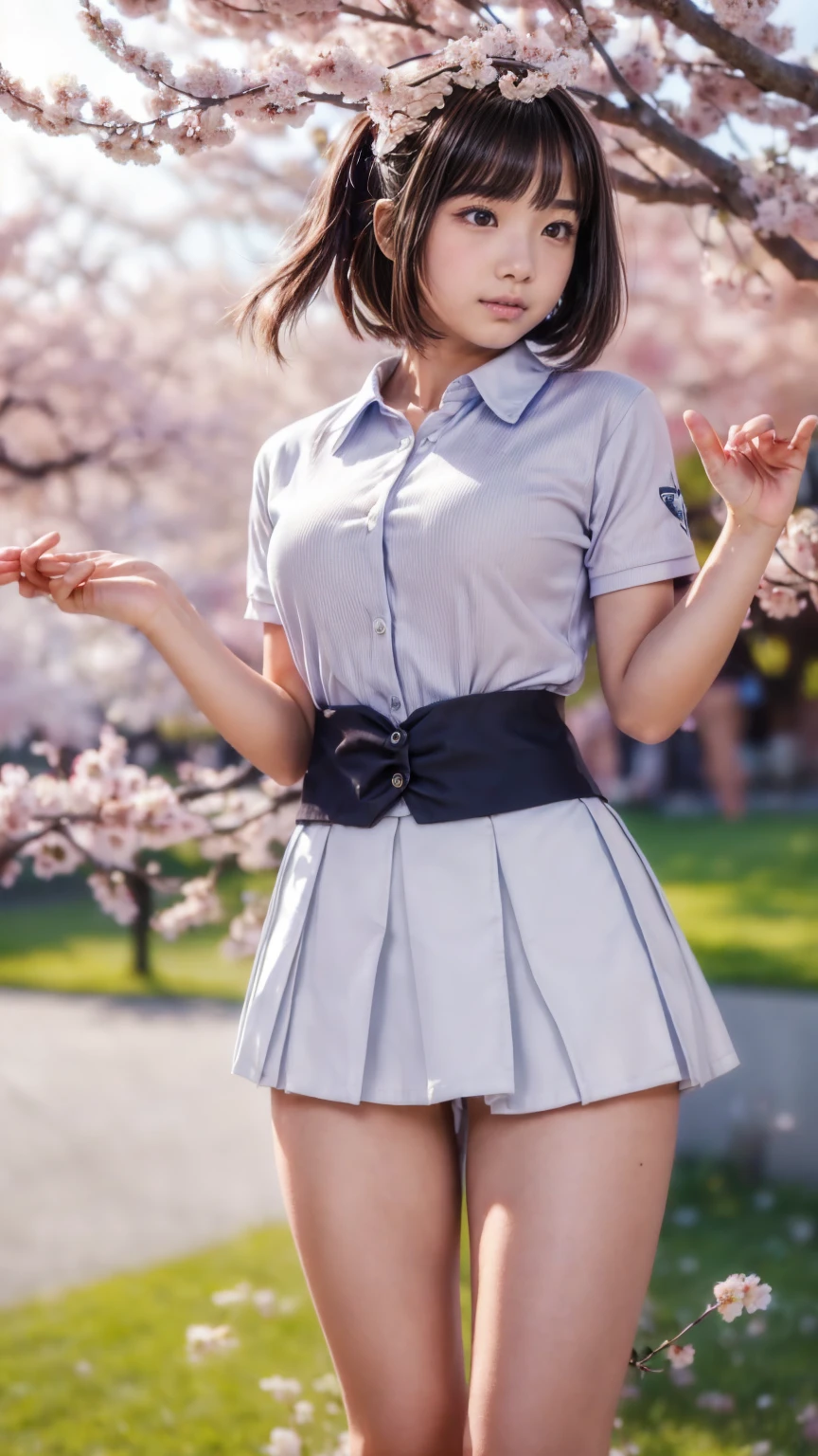 Slim body type, 1 girl, beautiful face, a punk school girl bending over, looking back, panty visible, white panties, small breasts, beautiful detailed eyes, beautiful detailed lips, extremely detailed face and hair, long eyelashes, pleated skirt, white blouse, knee-high socks, loafers, school campus, cherry blossom trees, sunlight, vibrant colors, intricate details, realistic, photorealistic, 4k, high resolution, best quality, masterpiece