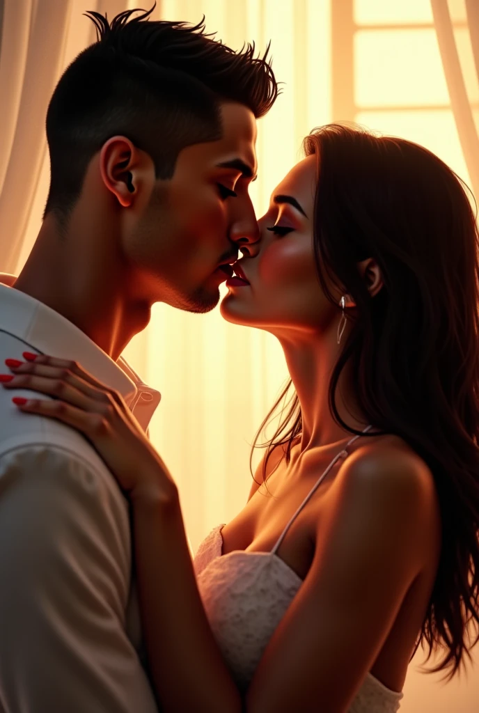 black haired woman, with blue eyes kissing a man with shoulder-length light brown hair