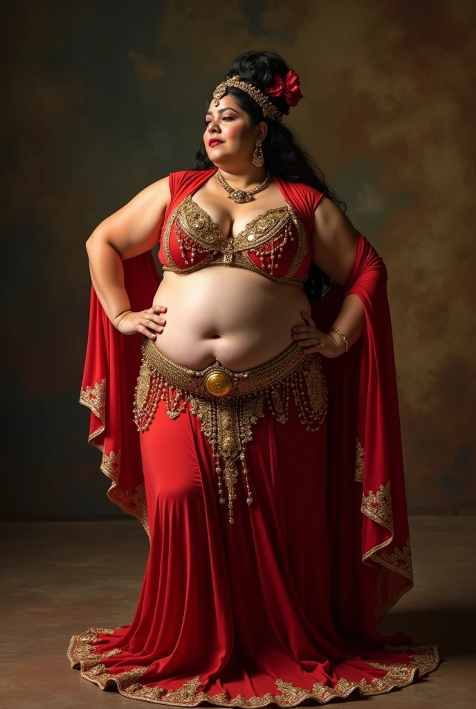 Russian woman fat, strong, rouged, in a sarafan and kokoshnik. Excessively strong makeup. Dances striptease on a pole