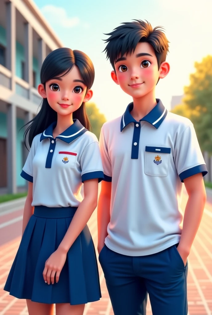 Elementary school boy and girl in white button-down shirt Blue pants, black strap black shoes