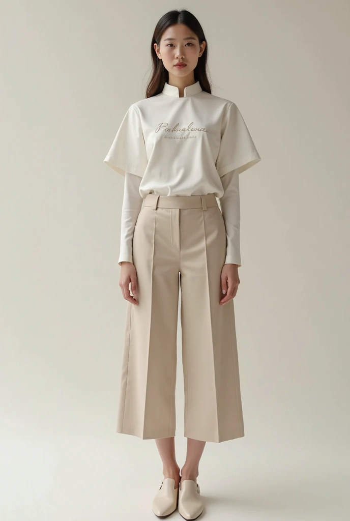 One girl, wearing short sleeve blouse, wide pants, wide pants, short hair, 20-year-old Japanese, beautiful, cute face, pretty face, neat, smiling, 8-head body, height 165cm, weight 48kg, bust 83cm, waist 60cm, hips 82cm, Small breathts, Living in Hiroshima City, A college student aspiring to become a model, (((full body))), full face