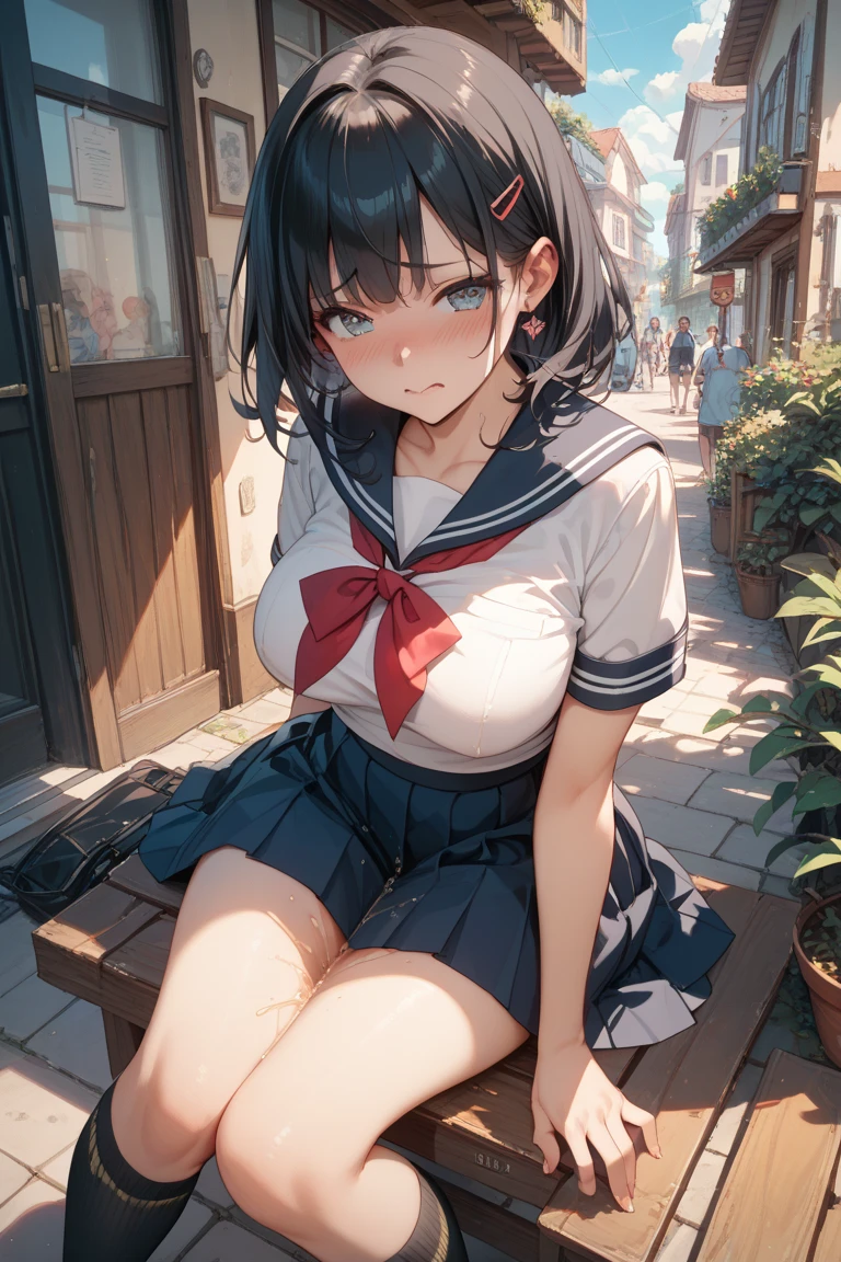 highest quality、High resolution、detailed background、beautiful and detailed face、beautiful and smooth skin、skin texture、beautiful teenage girl、(huge breasts:1.2)、
brightly colored panties、Bra with fancy pattern、thin white short sleeve sailor shirt、sailor color、Cute colored pleated mini skirt、braided hairstyles、white knee socks、white knee high socks、
During the morning school、school zone、(it's raining、My clothes are wet and transparent because of the rain.、You can see through the chest)、
Looks embarrassed、I'm embarrassed that my clothes are sheer、blushing、Look at me embarrassed、A shy gesture that hides the transparent clothes、cute、panty shot、emphasize cleavage、big ass、camel toe