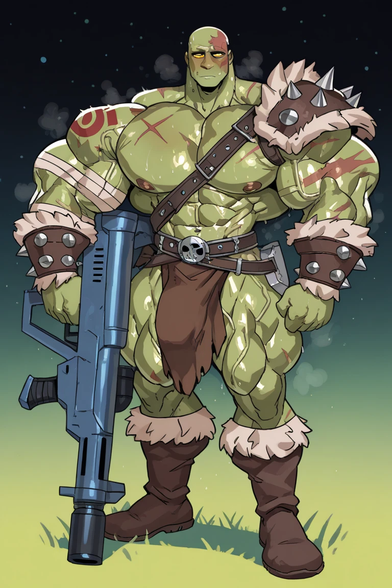 space alien barbarian male Martian, green skin, gigantic futuristic space rifle, big space rifle, viking armor, shy, male, yellow bright eyes, alien humanoid, green, tall, sexy, muscular, muscular legs, muscular arms, abs, big, one plate shoulder pads, bandages, barbarian bracelets, loincloth, belts, spiked guantlets, alien tattoos, battle scars, concept art, full body illustration, sweat, body heat, venous muscles, hard, veins muscle, barbarian armor,