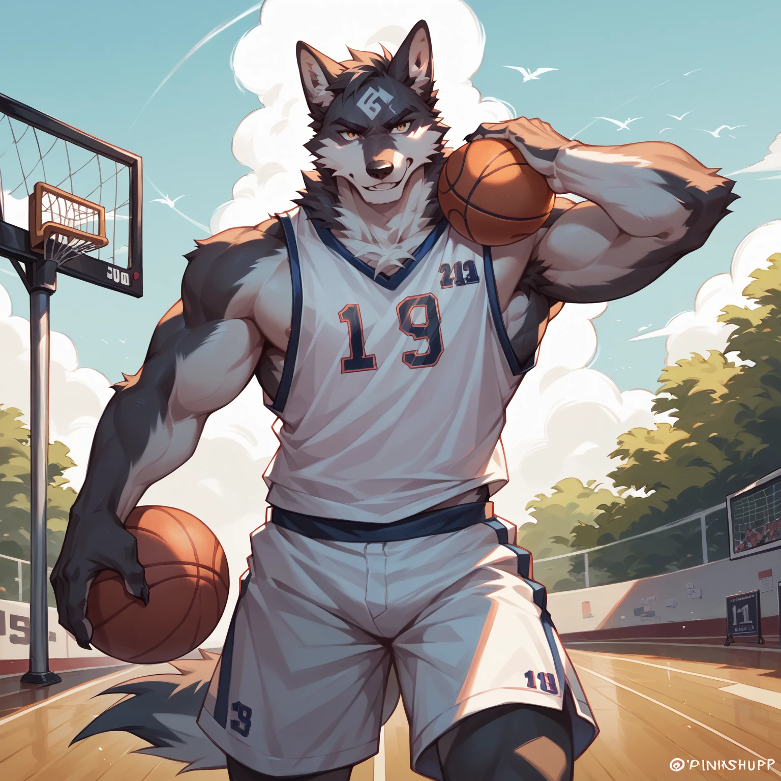 masterpiece, best quality, 8K resolution, Very detailed, hairy，Golden Eyes,White hair,short hair,student,Playground background,sweat,Water in hand,Wolf,Golden fur,watch,wristband,basketball