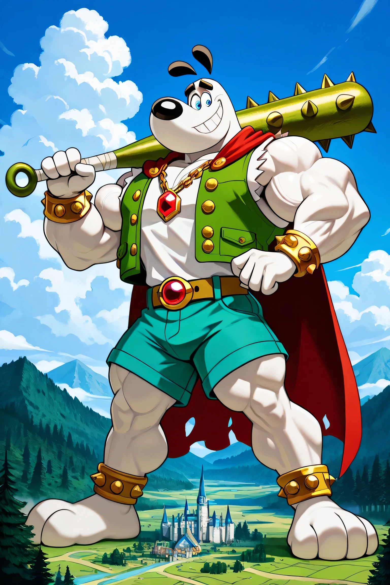 A Giant muscular dudley puppy (T.U.F.F Puppy), white dog, gigantic chin, cartoon 2d style, giant, macro size, full body, muscular body, village and forest background, Masterpiece, best quality, high quality, detailed, Dudley Puppy, male, solo male, 1boy, broad shoulders, mature male, blue eyes, athletic build, muscular male, black ears, black eyebrows, animal ears, white body, big eyebrows, ripped saturaded red shirt, ripped saturaded green vest, round snout, full body, ripped saturaded blue shorts, brown and golden belt with gold jewels and keys, golden necklace with a red jewel, biggest golden bracelets with colorful jewels, wearing a very long ripped green cape, big feets, outdoors, looking a viewer, smiling, sharp teeths, holding a spiked bat and a bag of golden coins and jewels, macro size, 50 foot size, giant, powerful pose, blue sky background, beanstalk plant in the clouds, clouds world and castle background, fairytale fantasy scene.