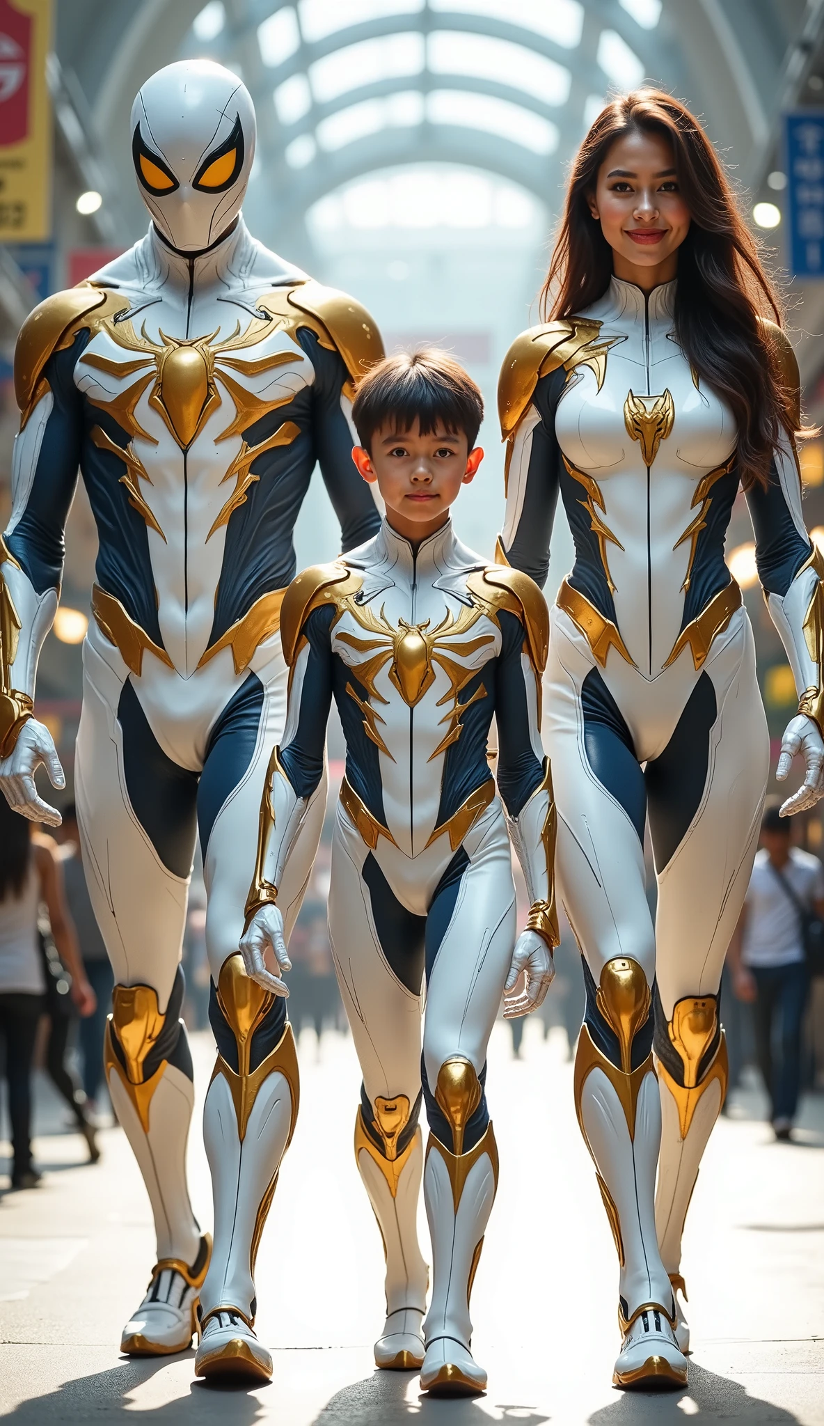 character: 1 man with mask full head, 1 boy, and 1 young women.
action: Walk straight and look straight ahead.
Expression : smiling.
Costume : they Wearing futuristic white Spiderman body suit with gold armor.
Background : A bright indoor public space , with people vaguely seen in the distance, shows that this picture was taken at a fun event or get-together, maybe a convention or costume . They radiate happiness as they walk confidently in their superhero costumes. Show the whole body.