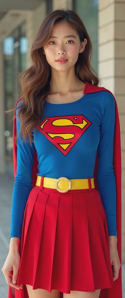 Wearing a superhero dress with the inscription on the chest "KMS"