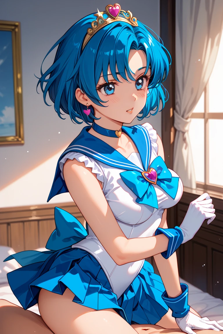 (((nsfw)))、Showing genitals、(((((Small breastasterpiece, Highest quality, High resolution, Mel 1, tiara, Sailor Warrior Uniforms, Blue Skirt, Blue sailor collar, tiara, bow, Knee Boots, choker, White gloves, blue choker, elbow gloves, jewelry, Earrings, Pleated skirt, sit, Throne, Crossing your legs, indoor, city, Fancy interior,smile, Close-up portrait, Upper Body