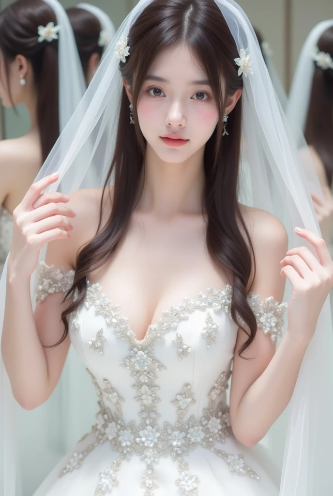 best quality, masterpiece, please let her sit down, 1 girl, thin collarbone, huge laugh, cute teen, shiny lips, sweet, sun glare, Conservative attire, Beaded bell-line wedding dress, white gloves, bridal tiara, depth of field, blurred background, Cathedral Background, light particles, strong wind, head tilt, long hair, 