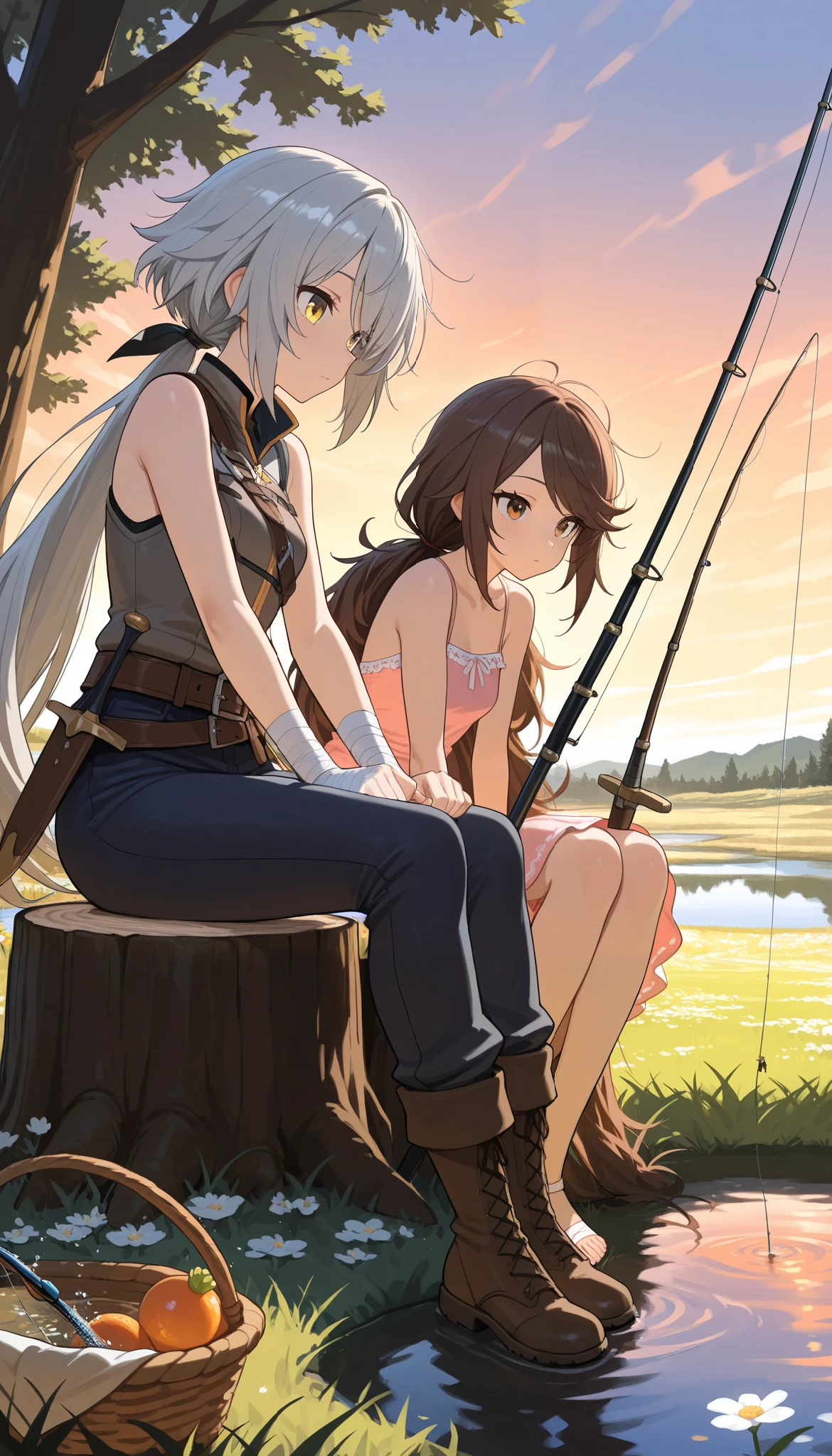 masterpiece, best quality, expressive eyes, perfect face, highly detailed, intricate detailed, solo, 1mature seductive woman holding a fishing rod while fishing in the river, catching big fish, brown semi long hair, T-shirt, cleavage, navel exposed, tight mini denim skirt, lifting skirt, blue striped panties, barefoot, thighs, spread legs, curvy, look happy, open mouth, sweaty, from below, fishing rod, splash of water,
