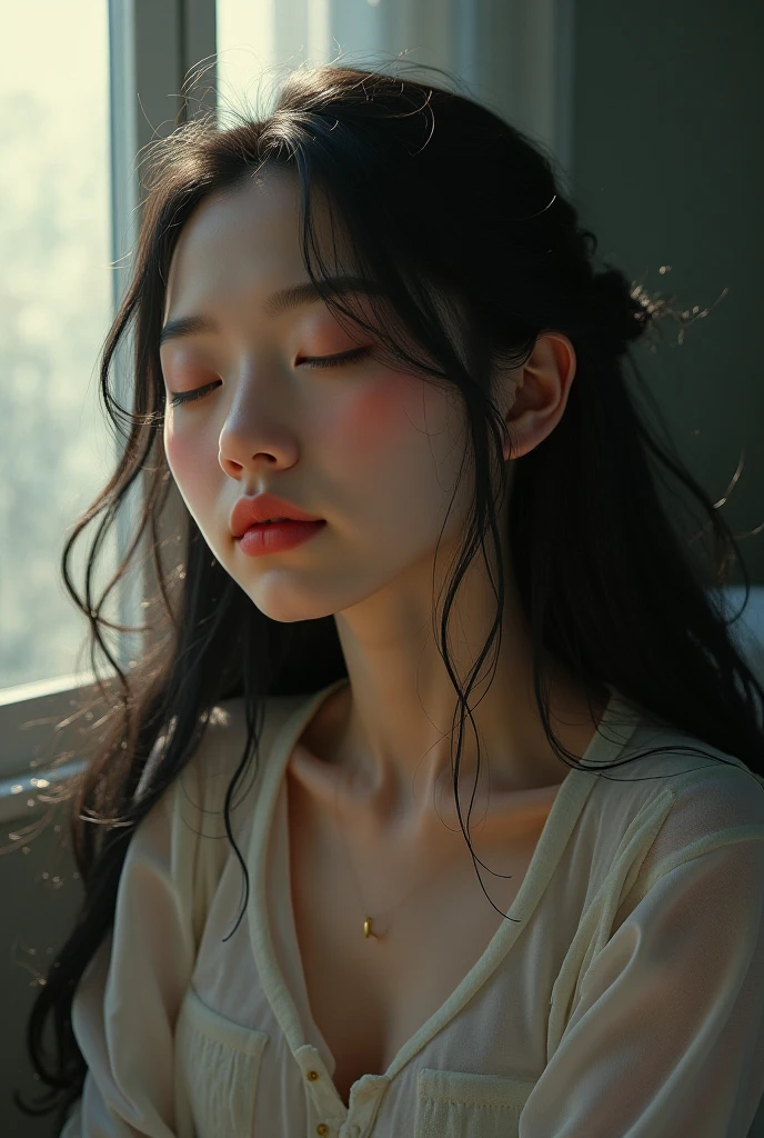 8k、Raw photo、(masuter piece)1.5、(top-quality)1.5、Hi-Res、Looking Up,(girl with)、(realisitic、Photorealsitic:1.5), (Close eyes):1.0, (Open mouth):1.5 Real numbers、Upper body、brown hair,Sleeveless、skinny、14years((small tits))1.8、Eyes closed、Deep sadness、Sorrow、look up sky、screeming、Bedrooms、Background blur