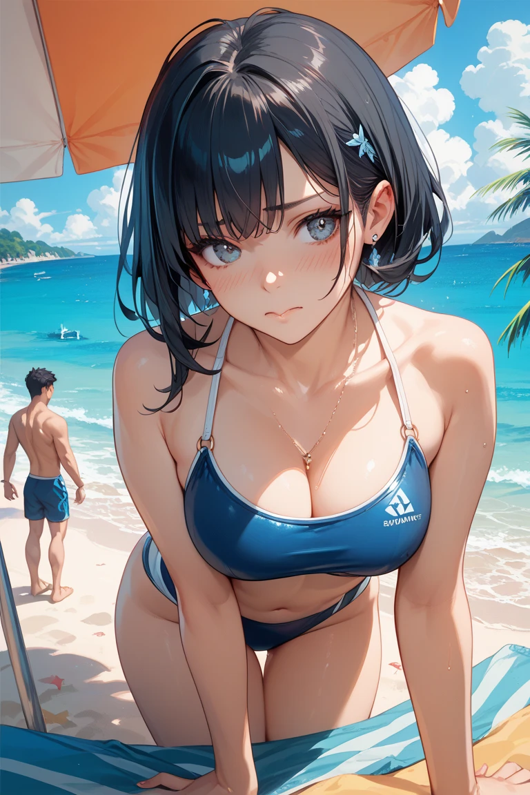 "Relaxed young woman smiling、Enjoying the sunny beach atmosphere。,Sitting on a blue bench、Drink in hand. She is wearing a blue bikini top and loose jeans with the belt removed.,Convey a laid-back atmosphere. In her head「C」A baseball cap with the word ",Enjoying the warmth of the sun and the gentle breeze. The surrounding area is crowded with other tourists and beach umbrellas.,Capturing the essence of a laid-back day at the beach.",Large Breasts,