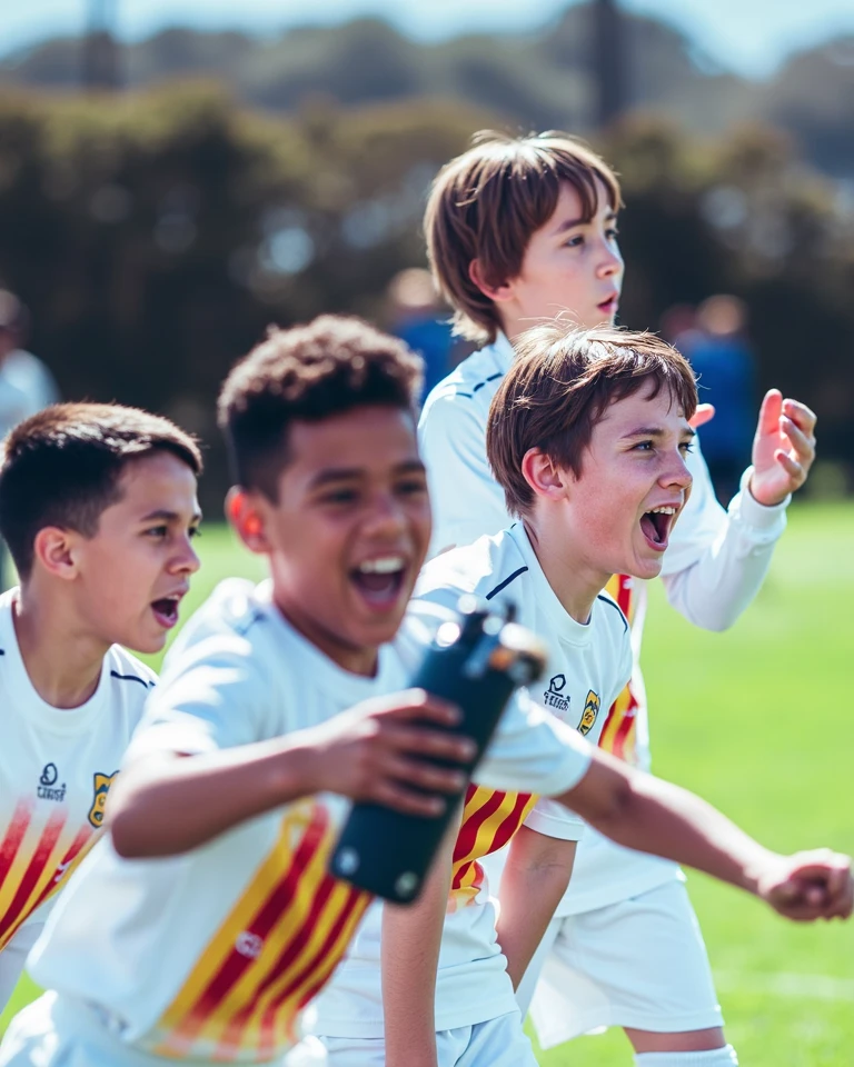 Children playing futebol, alegre, sorridentes, alta resolucao