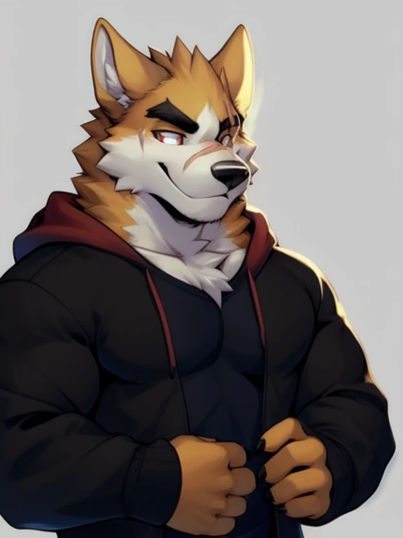 masterpiece, best quality, nj5furry,furry male, 1boy, furry, male focus, solo,animal ears, formal, wolf ears,wolf boy, smile ,
white fur, yellow fur, brown fur, two-tone fur,black eyes, black shirt, red hood, black hoodie,  thick eyebrows, tail, scar on eye,yellow ears, 
((full body,)), 
by chunie