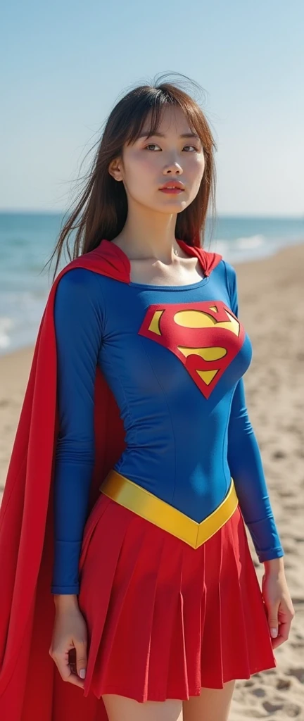 1girl in, Beautiful Hawaiian Woman,((Supergirl Suit)),(sleeveless)，A sexy， superman logo,  full-shot, Standing Pose, looking at the viewers,Hawaiian Landscape,the beach，Detailed background,Photorealsitic、a picture、​masterpiece、reallistic、Reality、photorealisim、High contrast、Photorealistic Art Station Trending Digital Art 8k HD High Definition and Detailed Realistic, detaileds, Skin Texture, Ultra-detail, realistic skin textures, armature, top-quality, 超A high resolution, (Photorealsitic:1.4),, hight resolution, detaileds, Raw foto, Sharp Re, Nikon D850 Film Stock Photo by Lee Jefferies 4 Kodak Portra 400 Camera F1.6 lenses rich colors hyper realistic lifelike textures dramatic lighting unreal engine artstation trends synestil 800,
