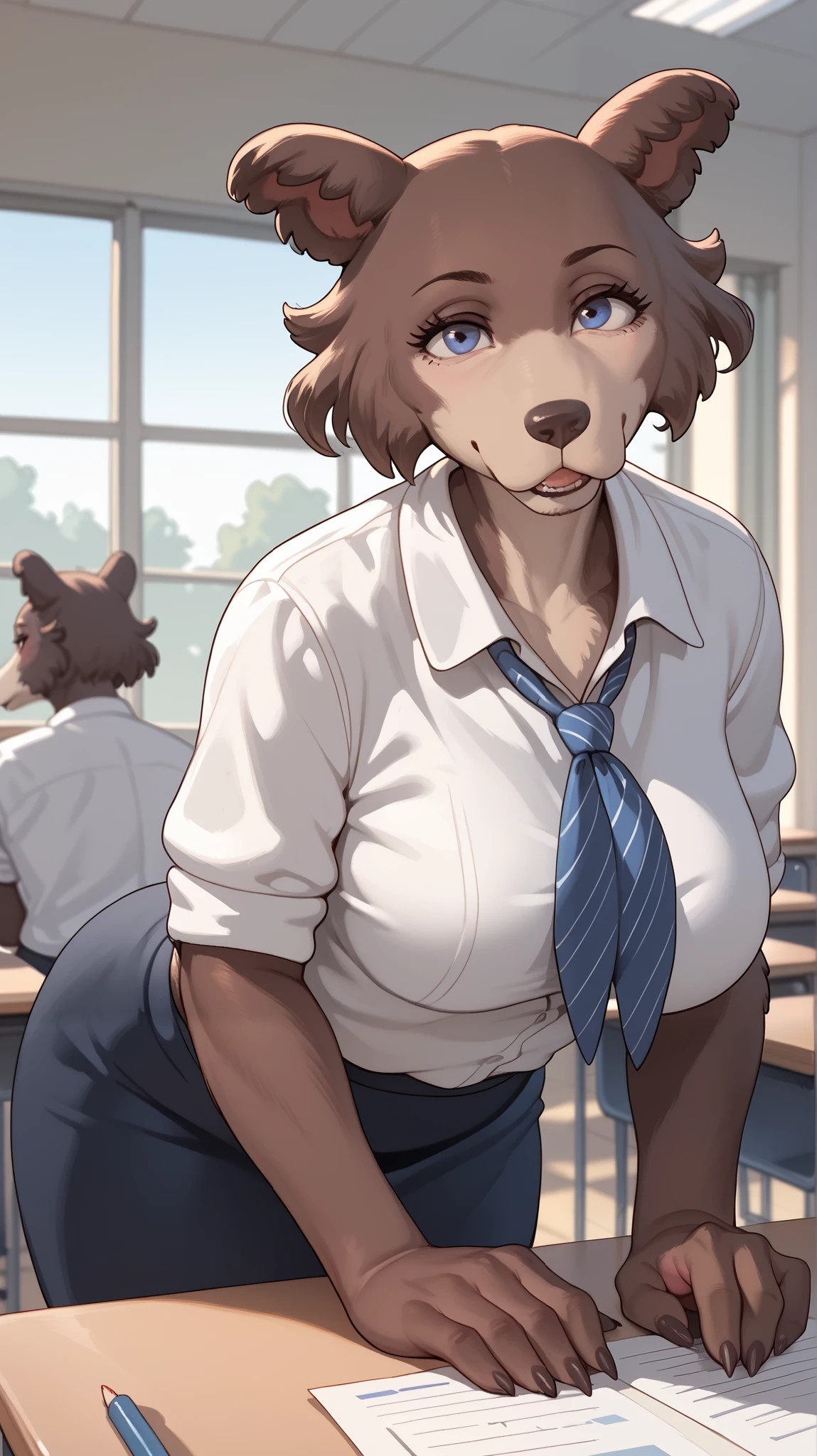 in front of the viewer, school classroom , mature woman, anthropomorphic wolf, brown fur, office wear, doggy pose