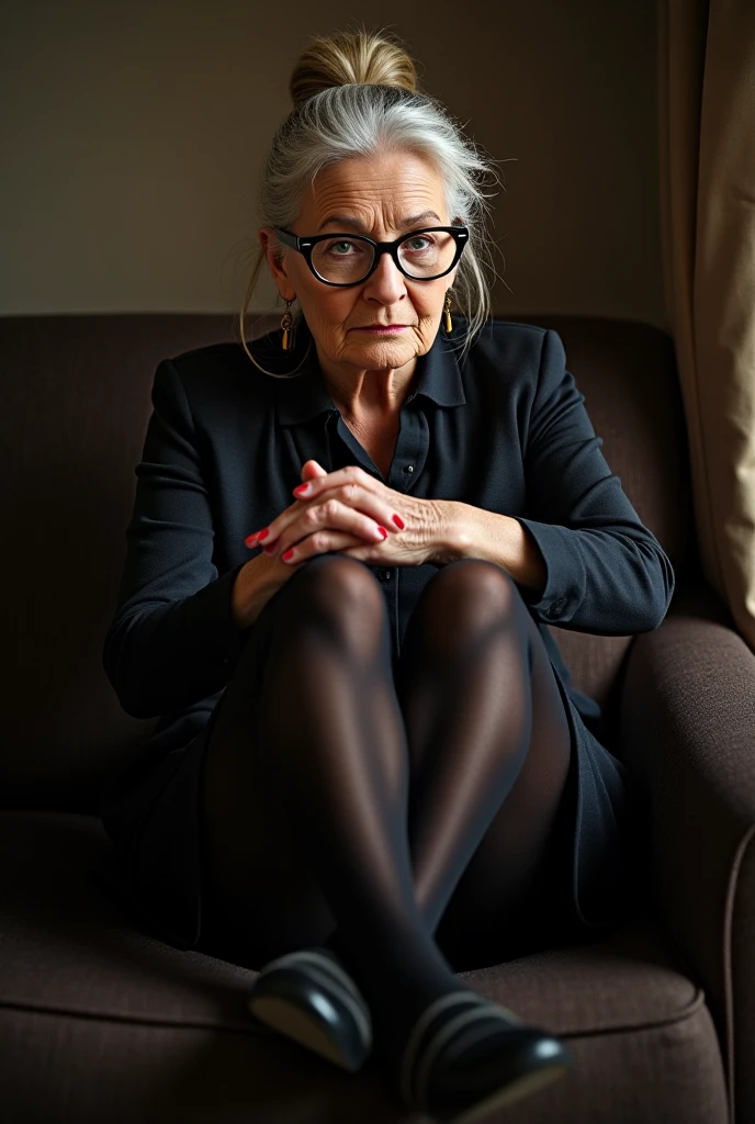 (masterpiece:1.4),(66-year-old woman:1.5),(Facial wrinkles : 1.2),(smirking : 1.1), (Updo : 1.1), (black suit), (black skirt), (black nylon tights : 1.1), Motherhood Mature Woman, (focus on legs : 1), on tatami, traditional japanese room, (smoking), ashtray made of glass